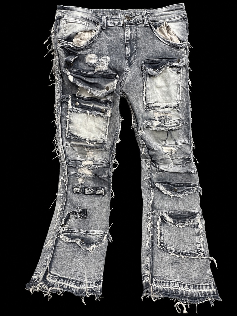 Men's Distressed Gray Wide-Leg Patch Jeans Stacked Jeans